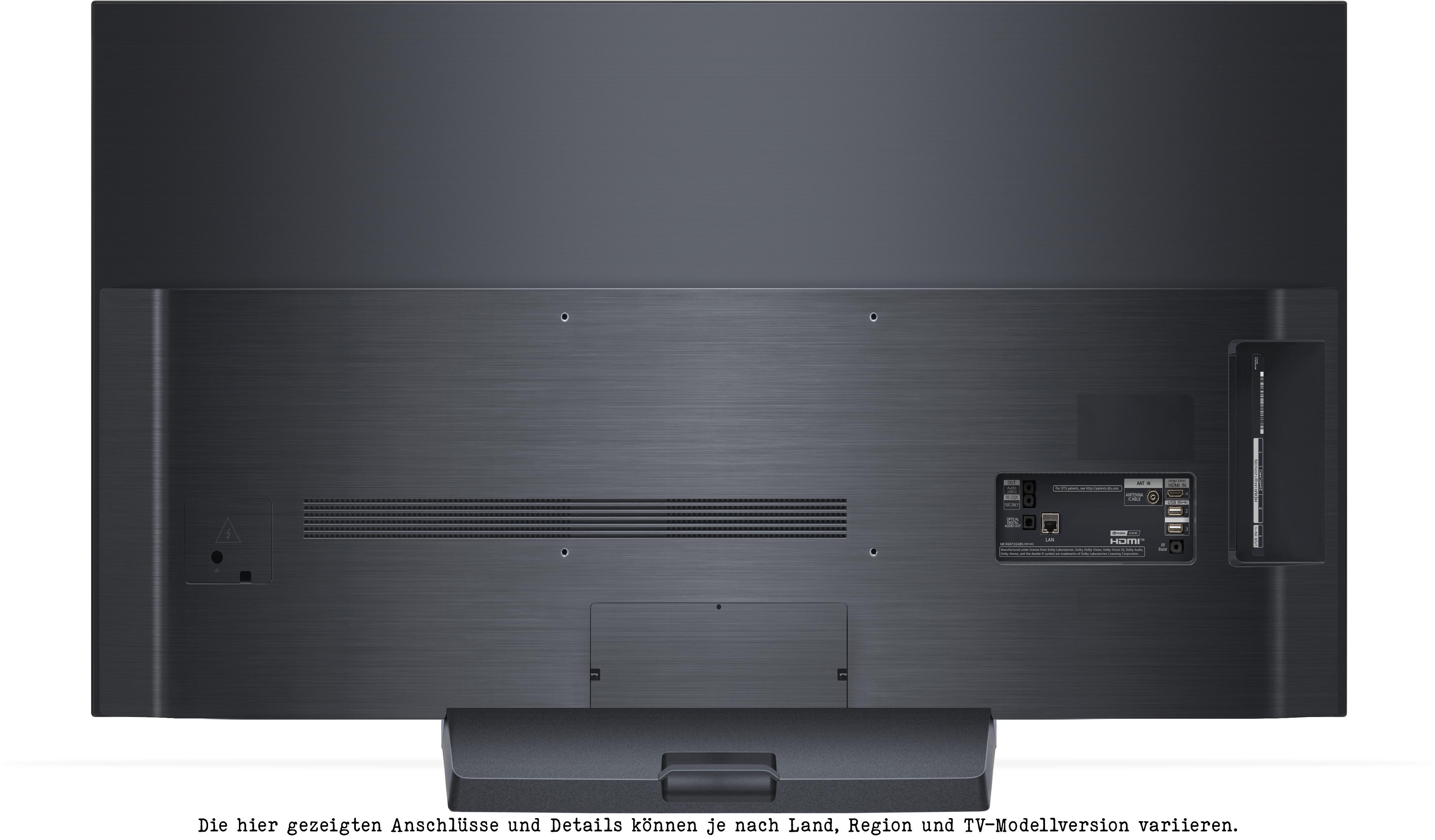 Rückseite eines schwarzen LG OLED-Fernsehers, zeigt Anschlüsse und Verbindungen.