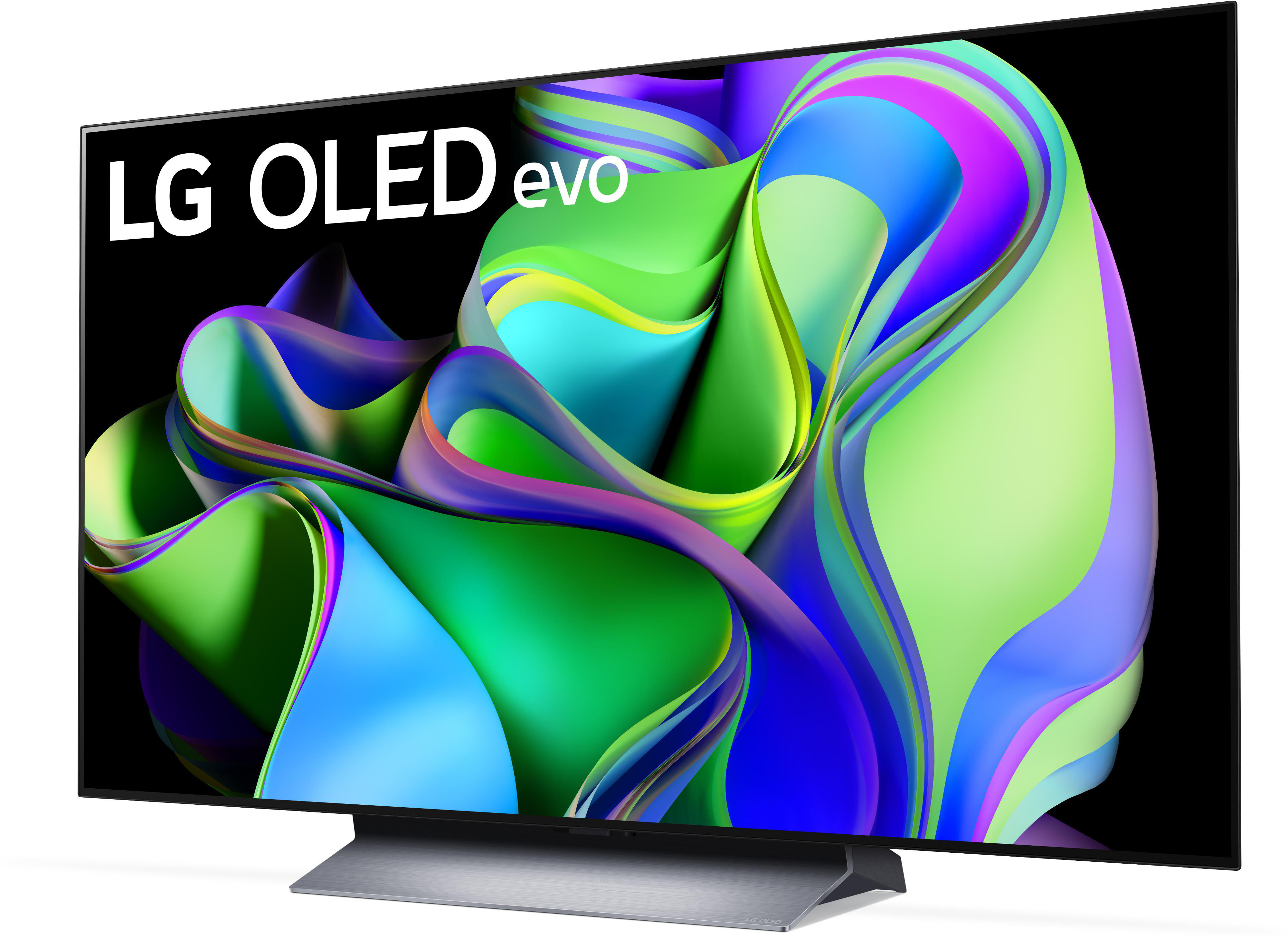 LG OLED evo TV, schwarzer Rahmen, Ständer. Bunter abstrakter Hintergrund.