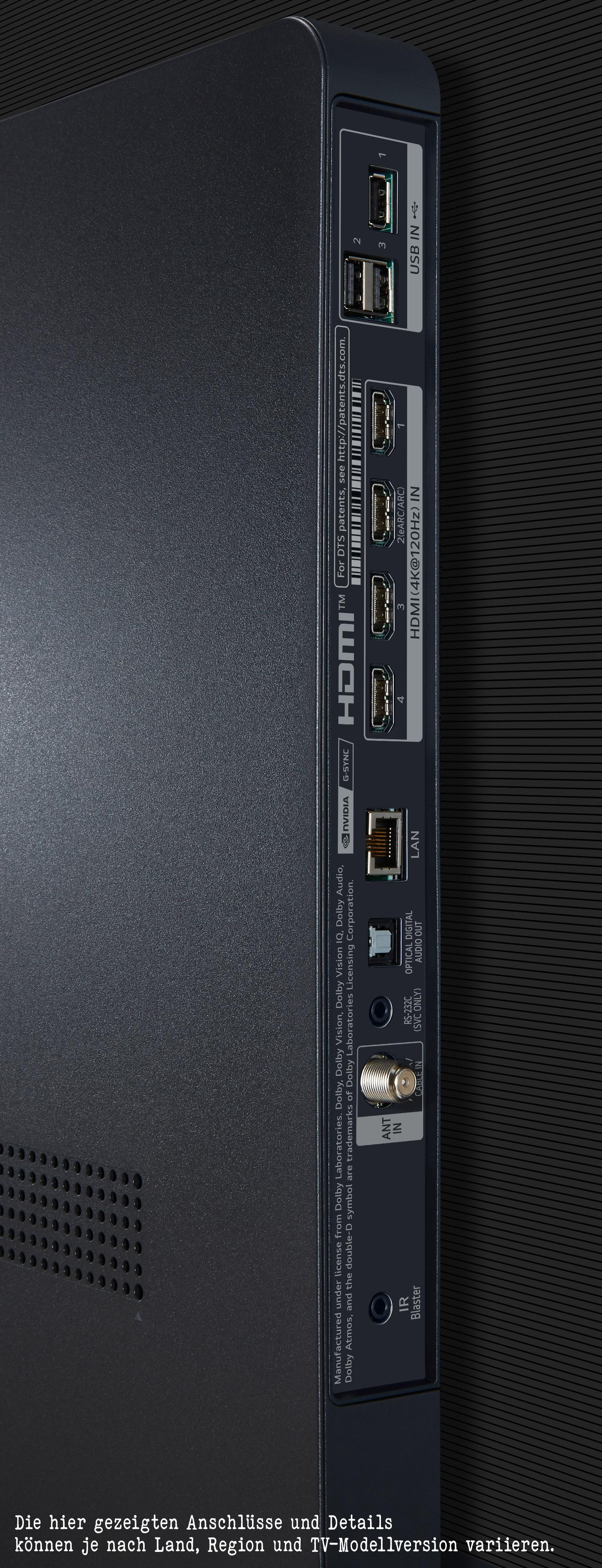 Nahaufnahme der Rückseite eines Fernsehers mit Anschlüssen wie HDMI und USB. Text auf Deutsch vorhanden.