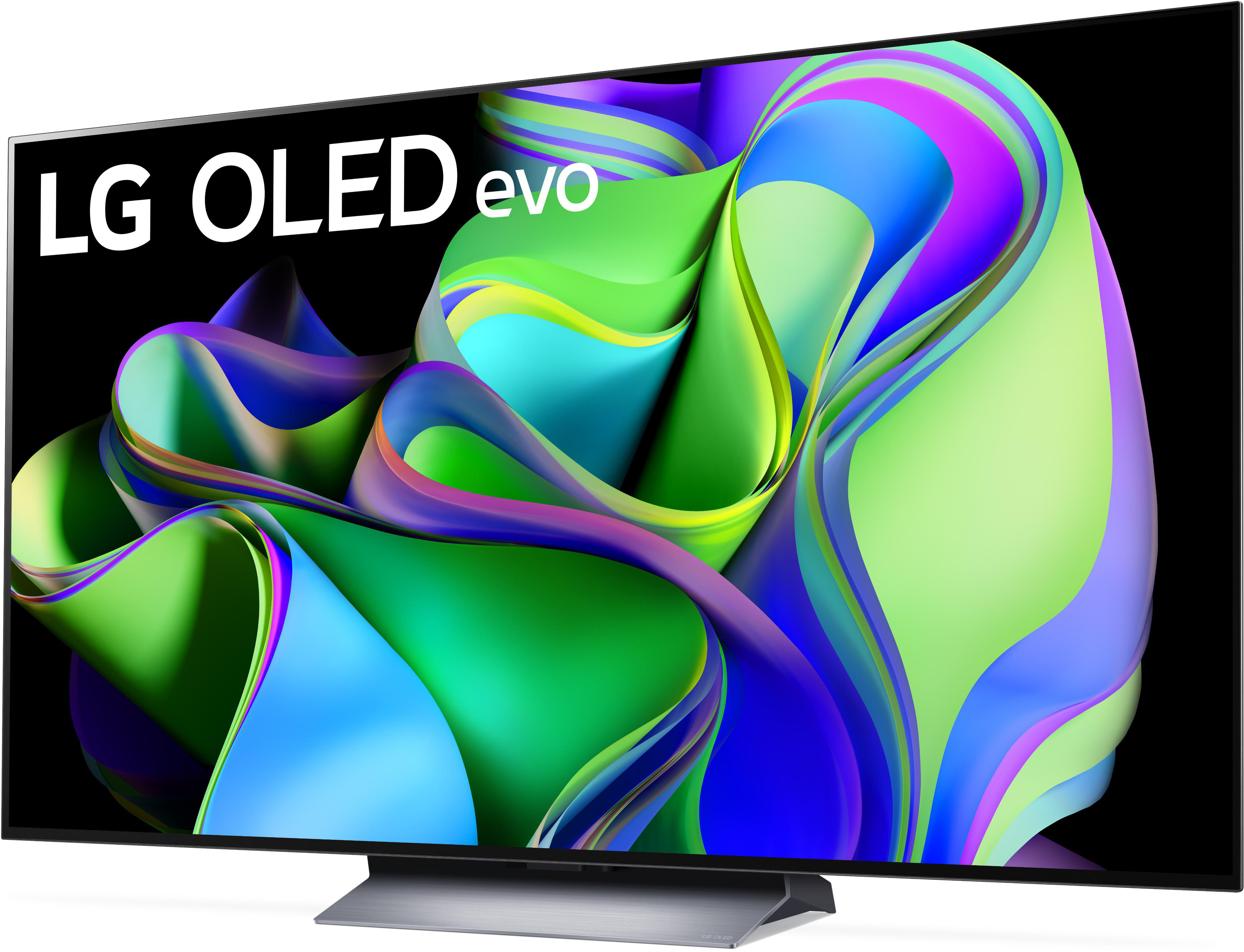 LG OLED evo TV, schwarzer Bildschirm mit farbenfrohem, abstraktem Design und LG OLED evo Logo.