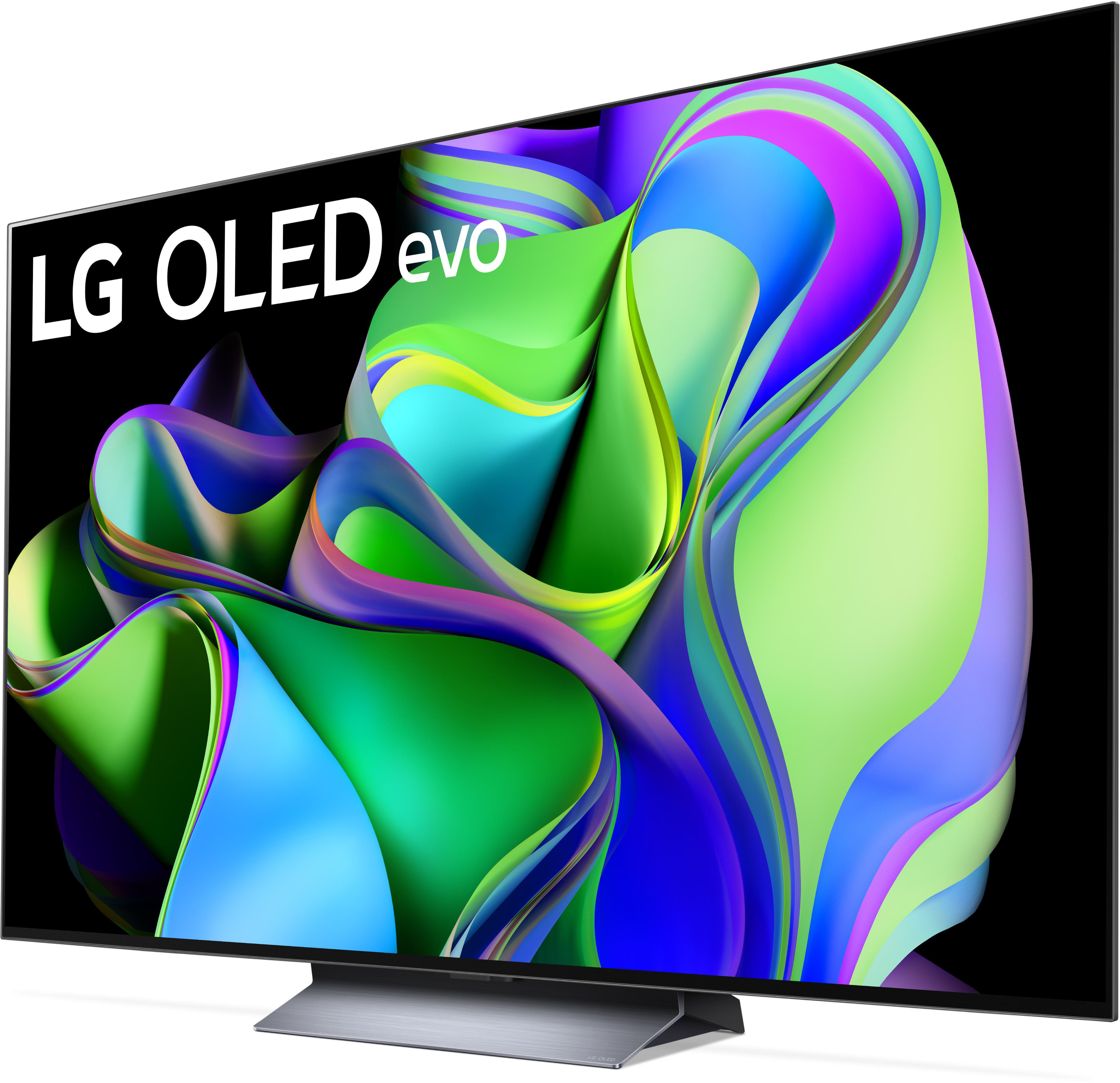 Ein großer LG OLED evo Fernseher, der ein farbenfrohes, abstraktes Design vor schwarzem Hintergrund zeigt.