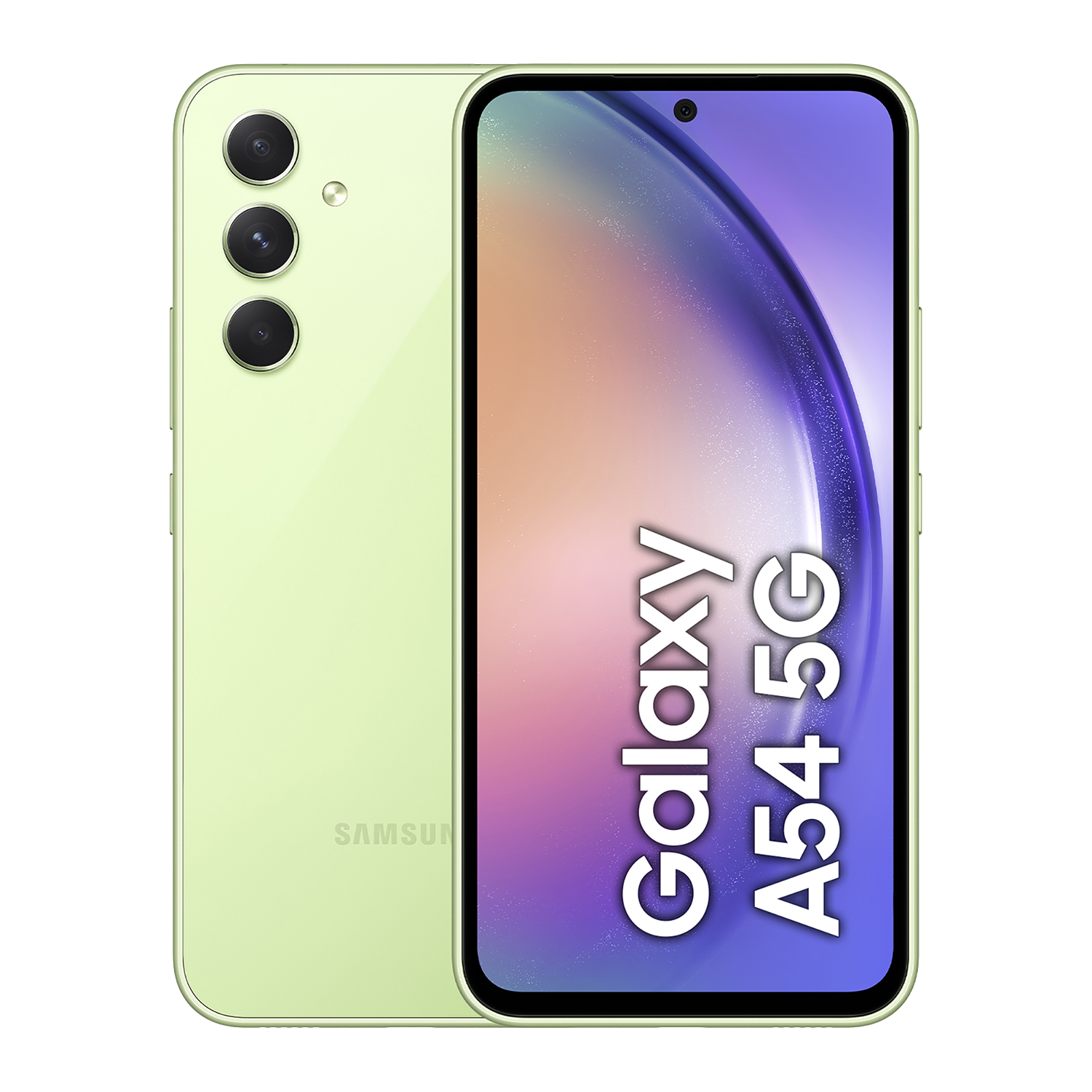Teléfono verde Samsung Galaxy A54 5G con tres cámaras. La parte trasera muestra Galaxy A54 5G.