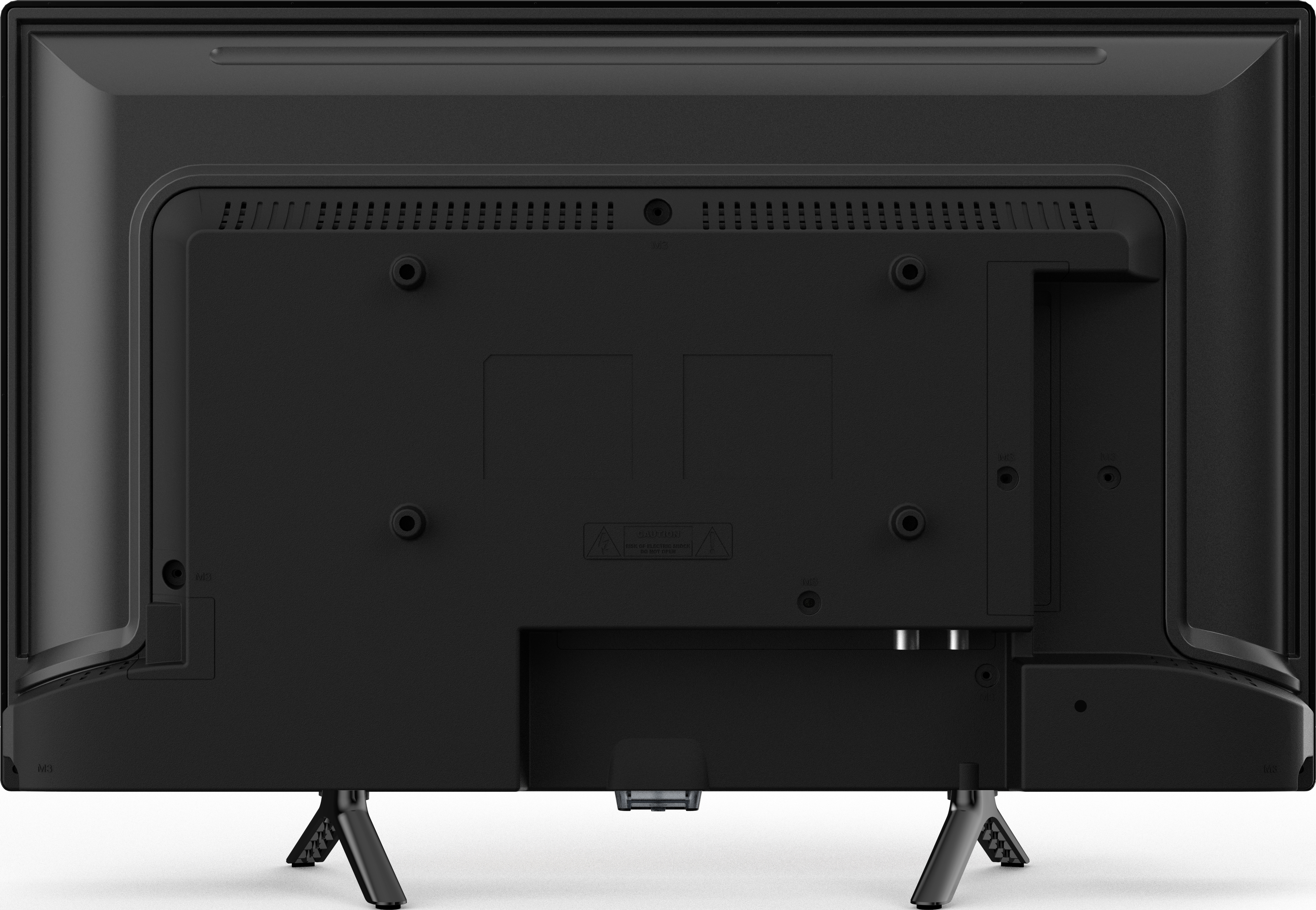 Parte posteriore di una TV nera con porte e supporto. Ha porte di connessione e un supporto.