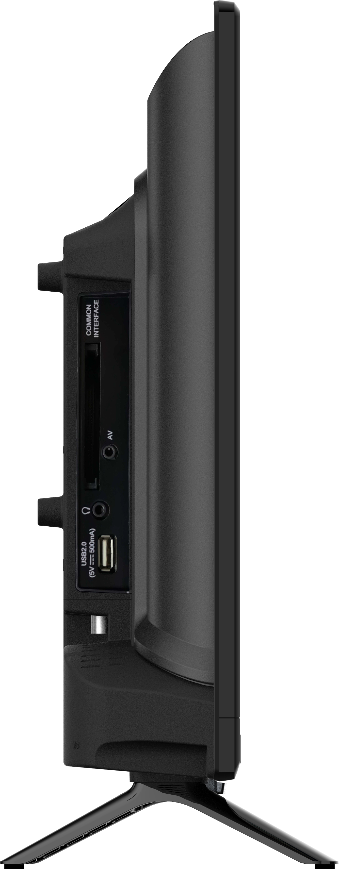 Vista laterale di una TV nera che mostra porte e supporto, con cornice nera e sfondo scuro.