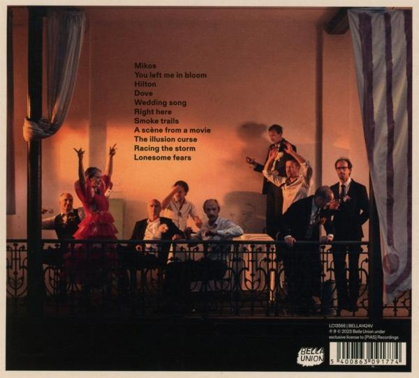 Back cover of a CD case featuring a group of people on a balcony, and tracklist.