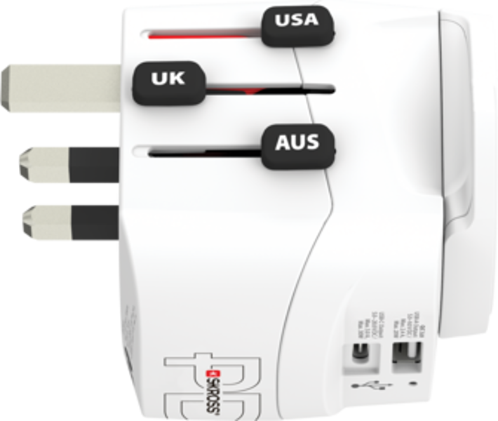 Adattatore da viaggio bianco con impostazioni USA, UK e AUS, con porte di ricarica.