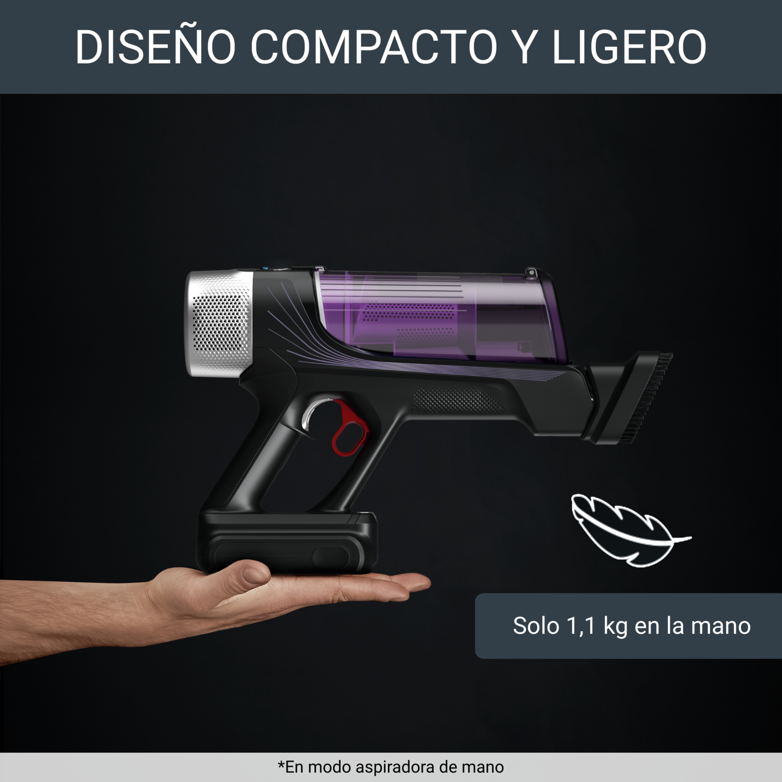 Aspiradora inalámbrica negra en mano. Contenedor morado. Icono de pluma.