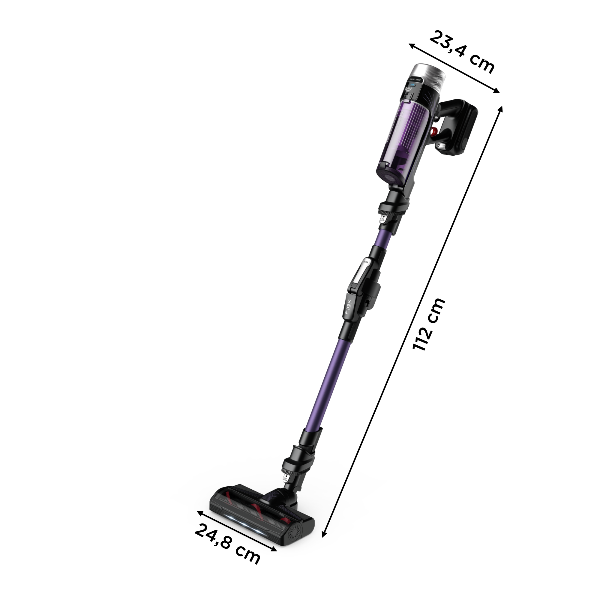 Aspiradora inalámbrica, morada y negra, con dimensiones mostradas.