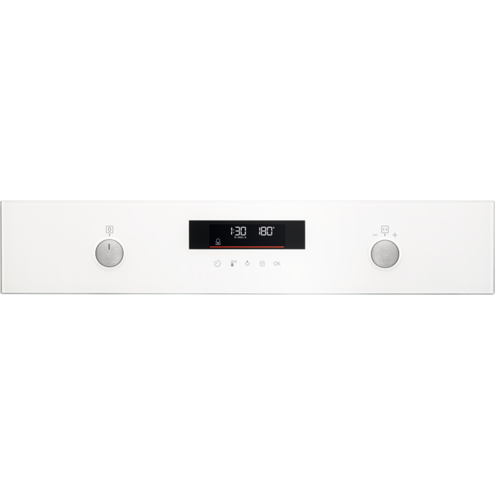 Panel de control del horno AEG con pantalla digital. Dos perillas y una pantalla digital. Fondo blanco.