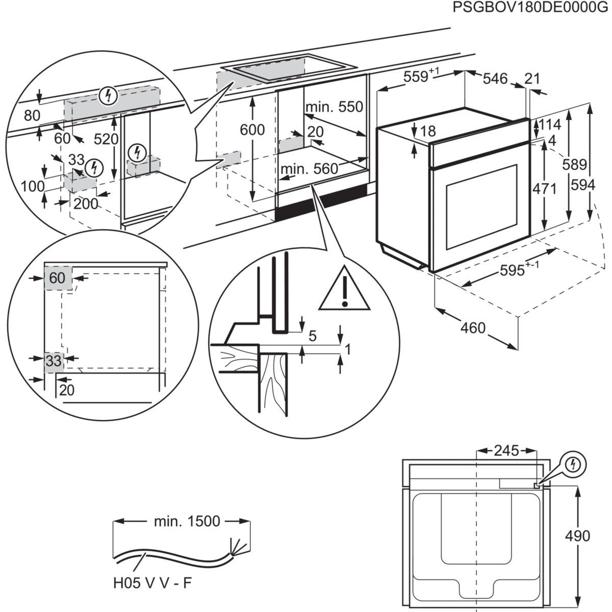 Dibujo técnico de un horno empotrado y los armarios circundantes.