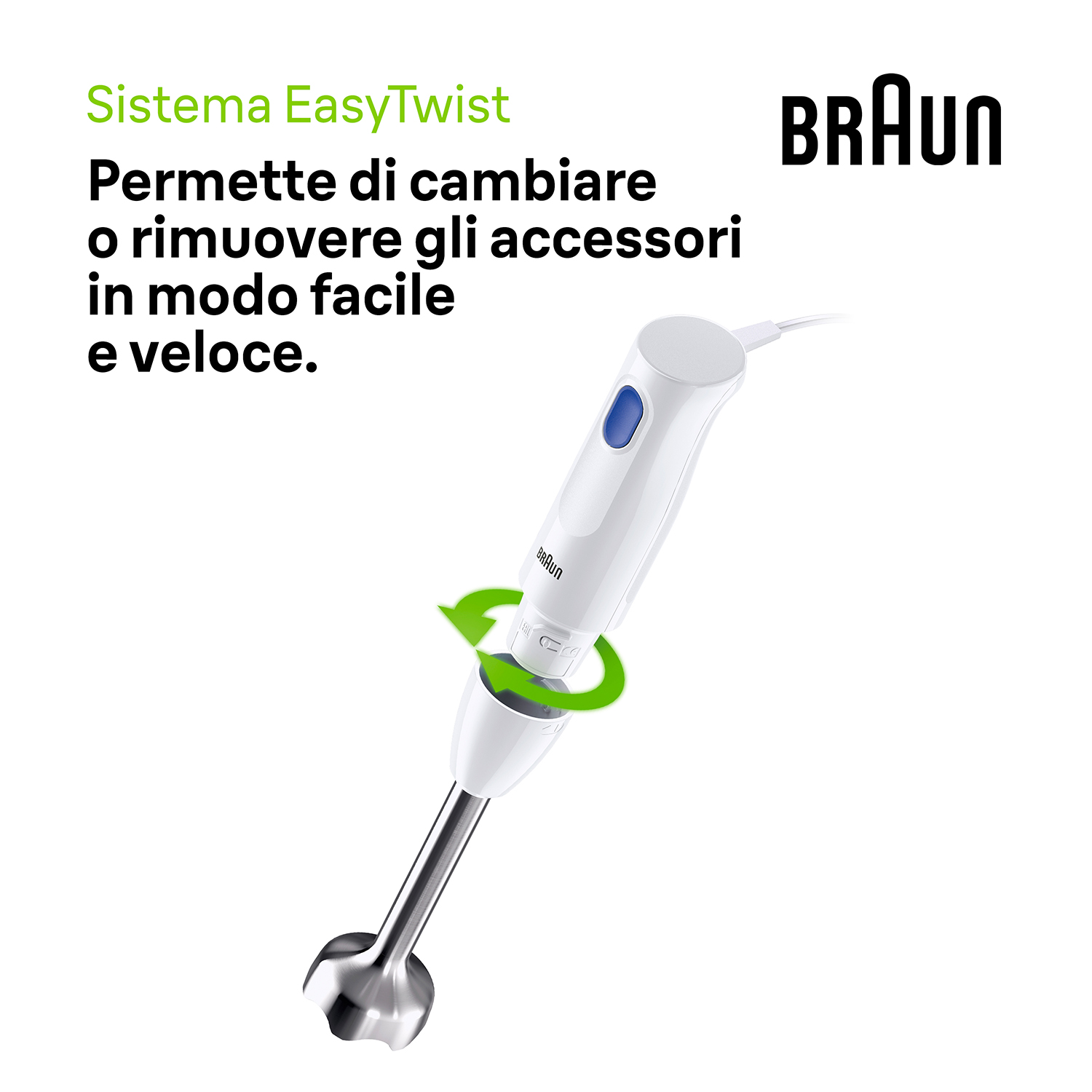 Un frullatore a immersione bianco che mostra una freccia verde che indica una facile rotazione e rimozione degli accessori.