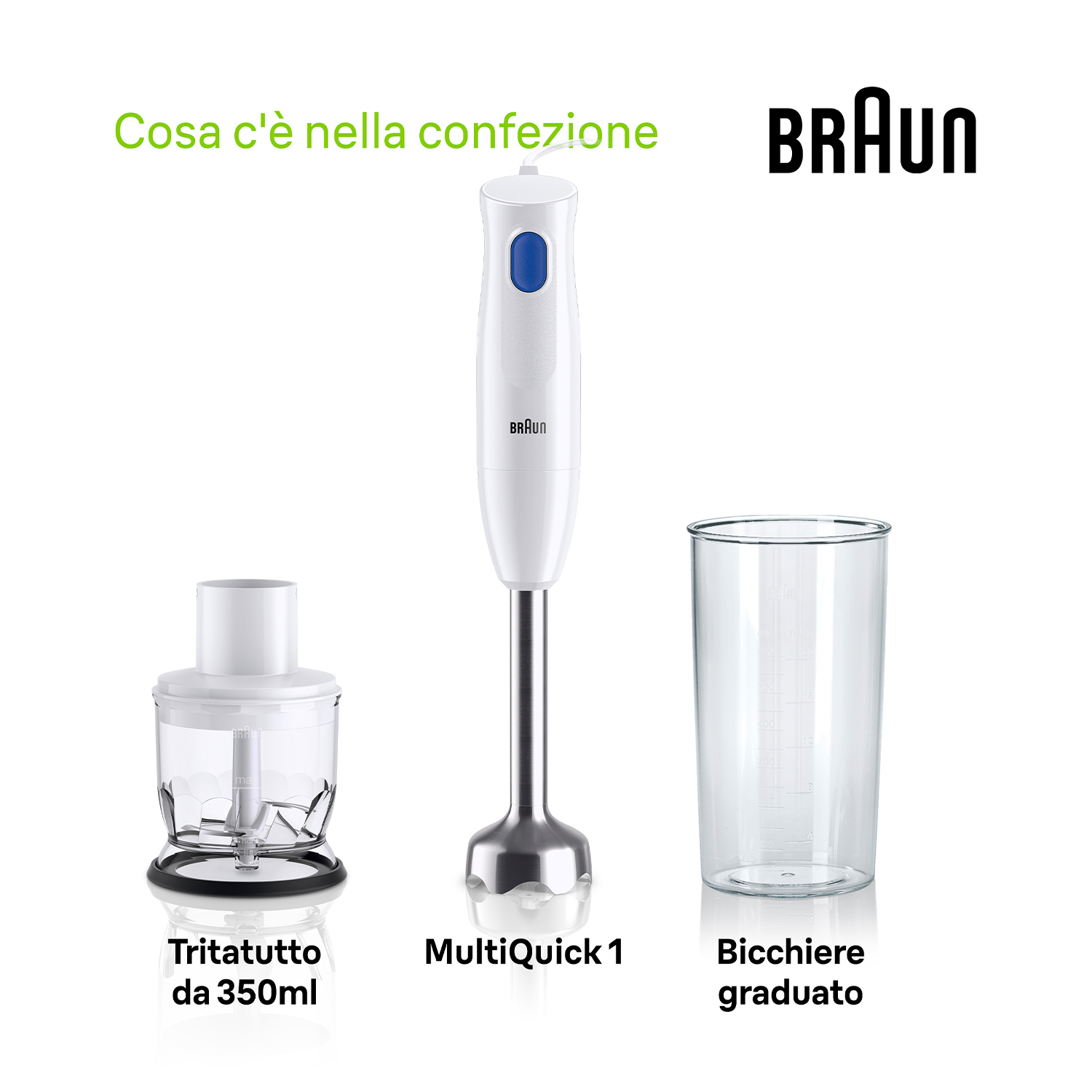 Set frullatore Braun MultiQuick 1. Include frullatore, tritatutto e misurino.