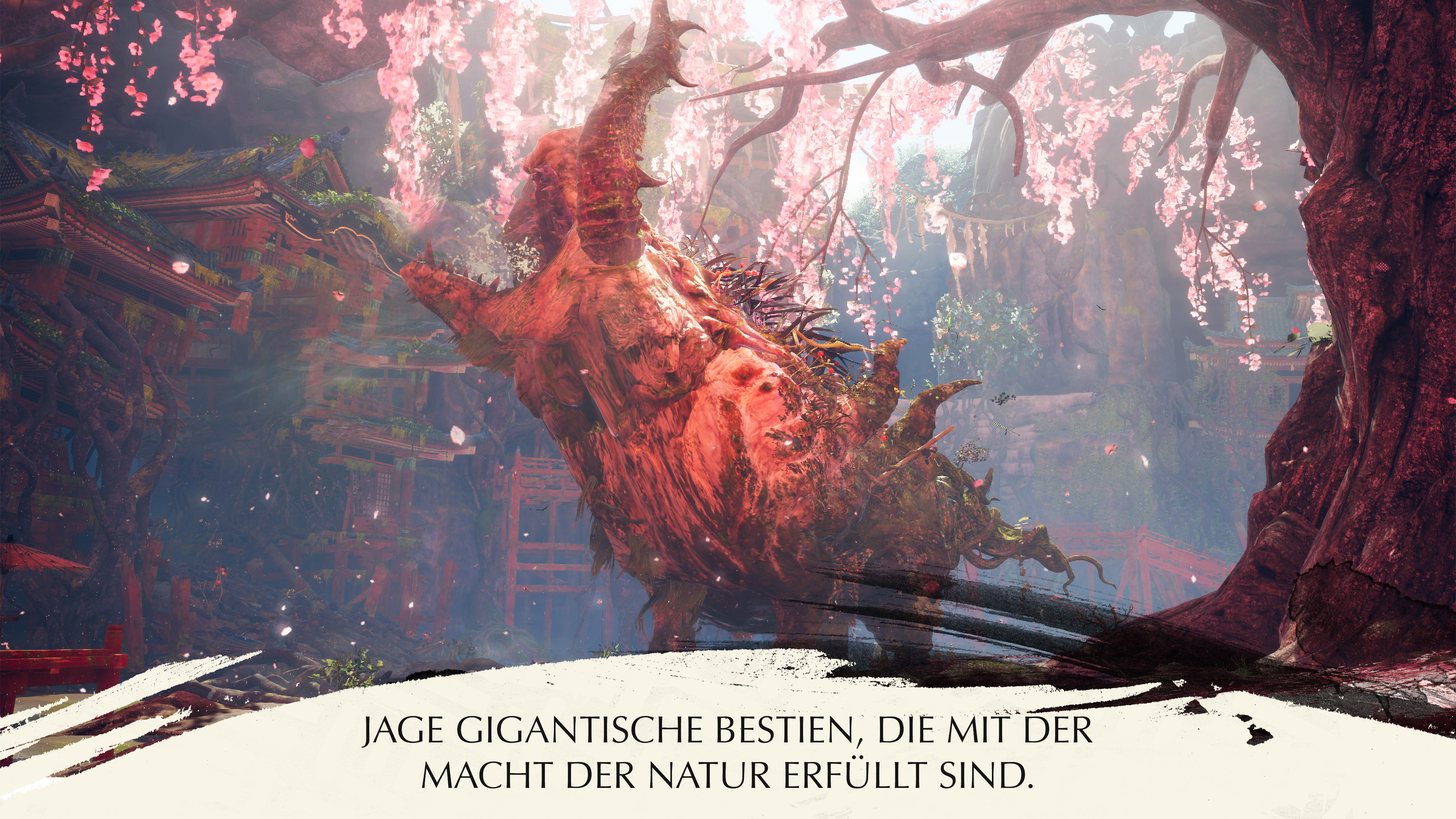 Ein großer, rotbrauner Baum in einer Waldlandschaft mit Gebäuden im japanischen Stil.