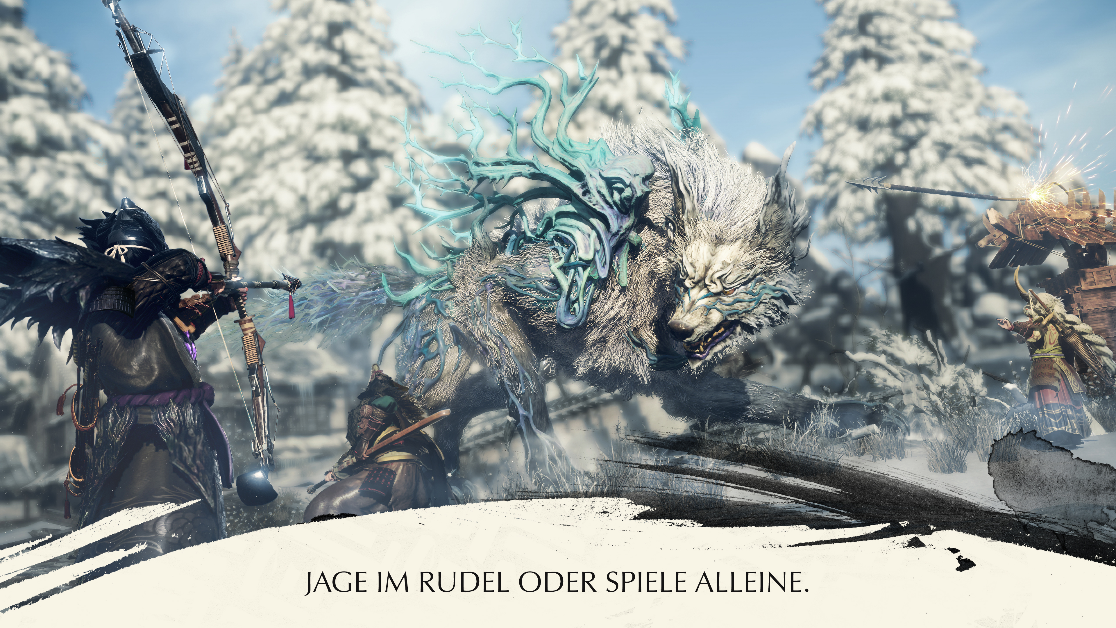 Fantasieszene: Krieger mit Bogen steht einem wolfsähnlichen Wesen gegenüber.