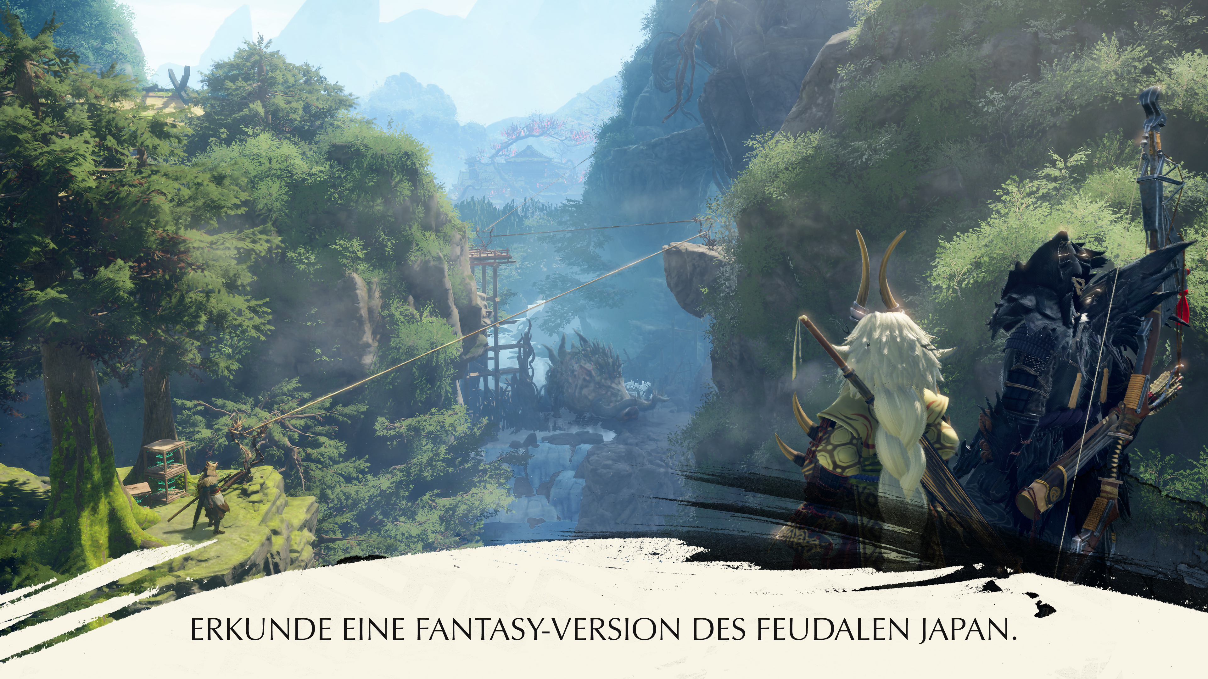 Eine malerische Landschaft mit üppigen Bäumen und Bergen in einem Tal. Text: 'ENTDECKE EINE FANTASIEVERSION DES FEUDALJAPANS'.