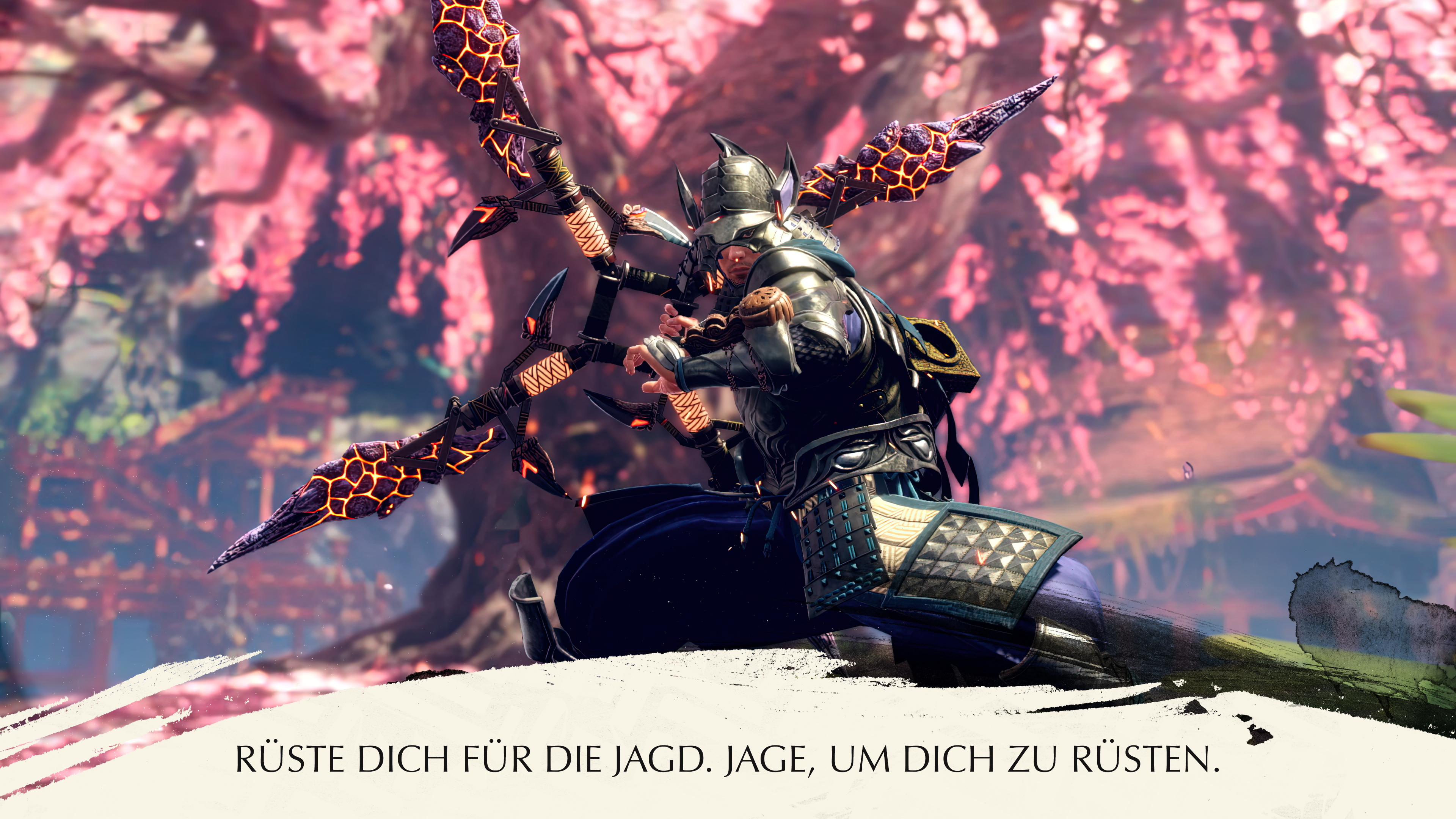 Ein Krieger in Rüstung bereitet sich auf den Kampf vor, hält Waffen mit Kirschblütenhintergrund.