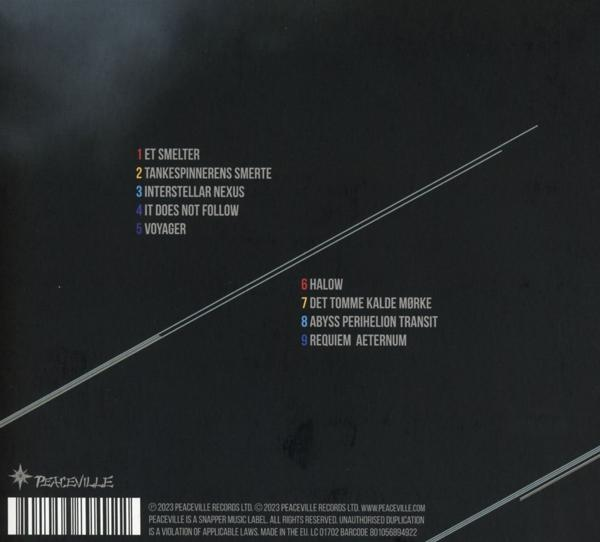 Albumcover mit Titelliste. Text und Linien auf dunklem Hintergrund.