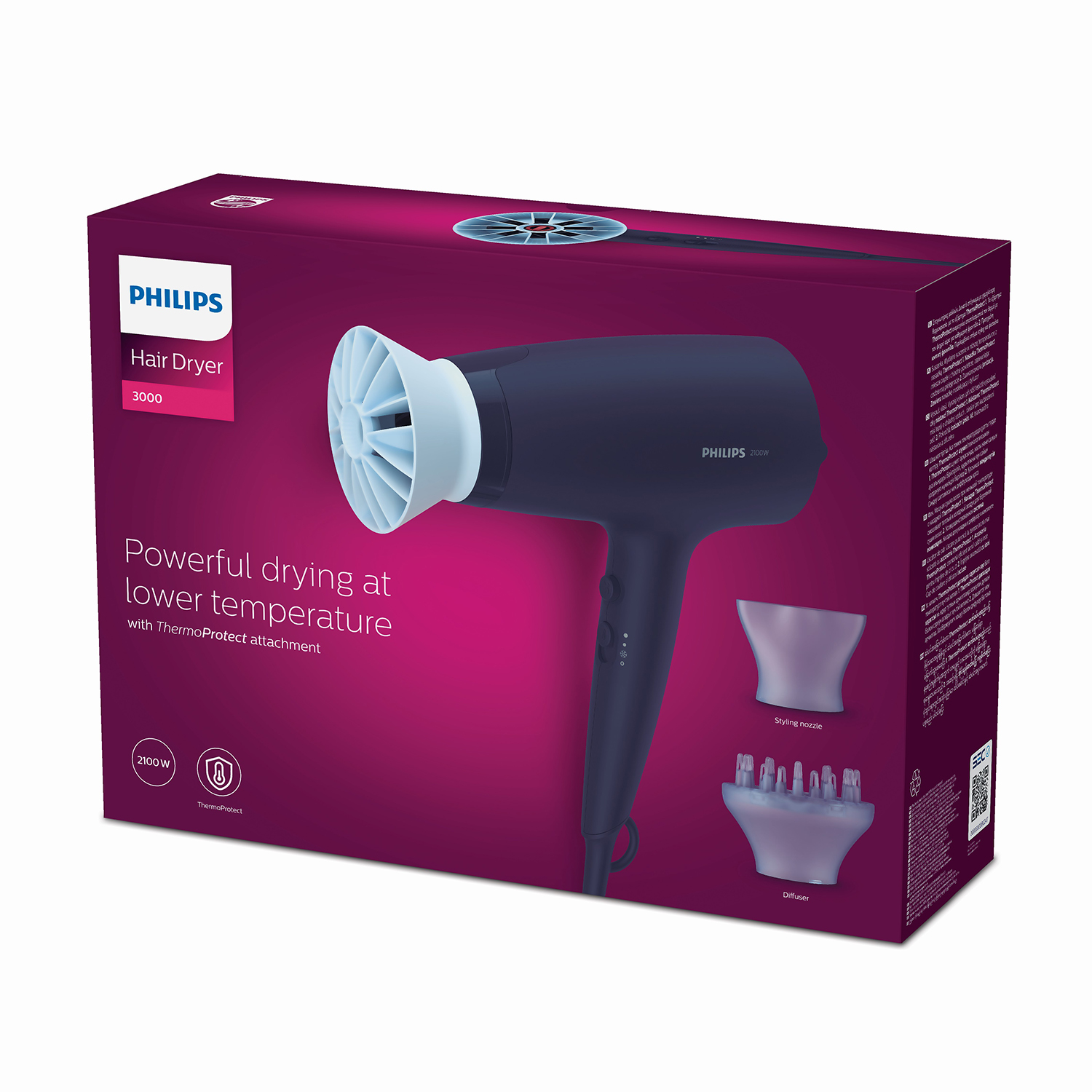 Una scatola di asciugacapelli Philips 3000, blu scuro e rosa.