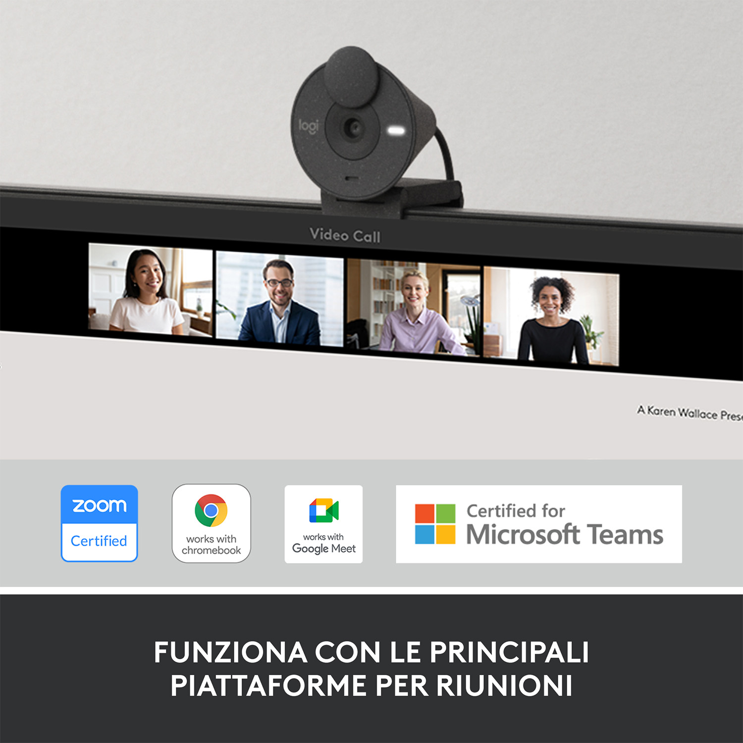Webcam in cima a uno schermo, con persone in videochiamata.