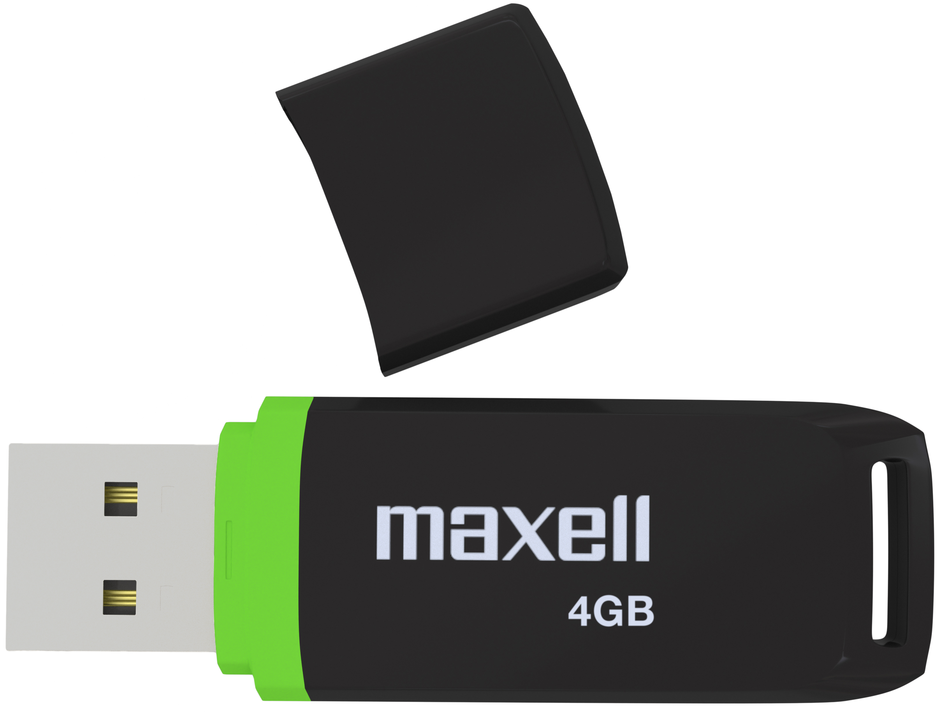 Fekete és zöld Maxell 4GB-os USB flash meghajtó, a kupak eltávolítva.