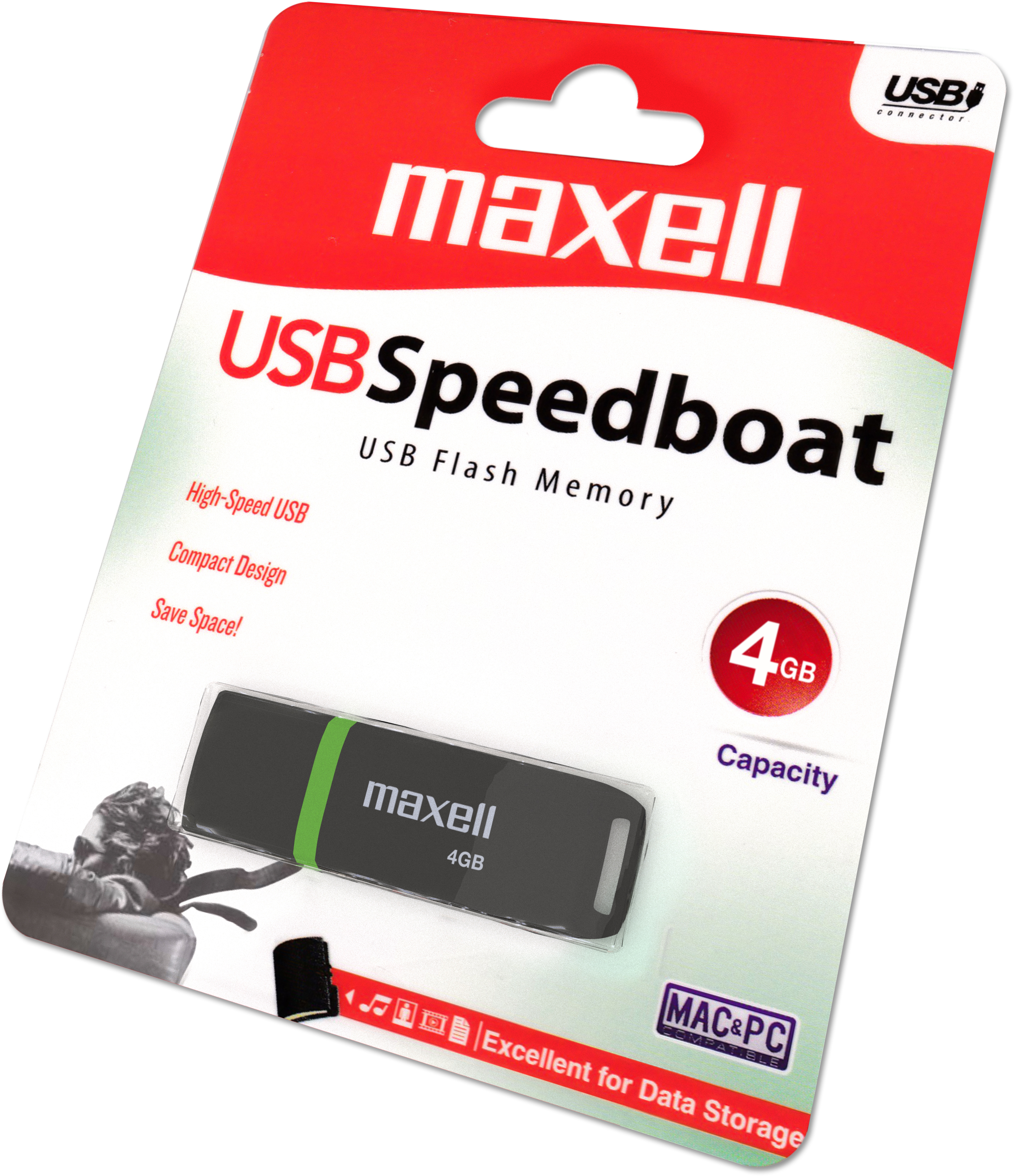 Egy USB flash meghajtó egy Maxell csomagban. Piros-fehér dizájnnal rendelkezik.