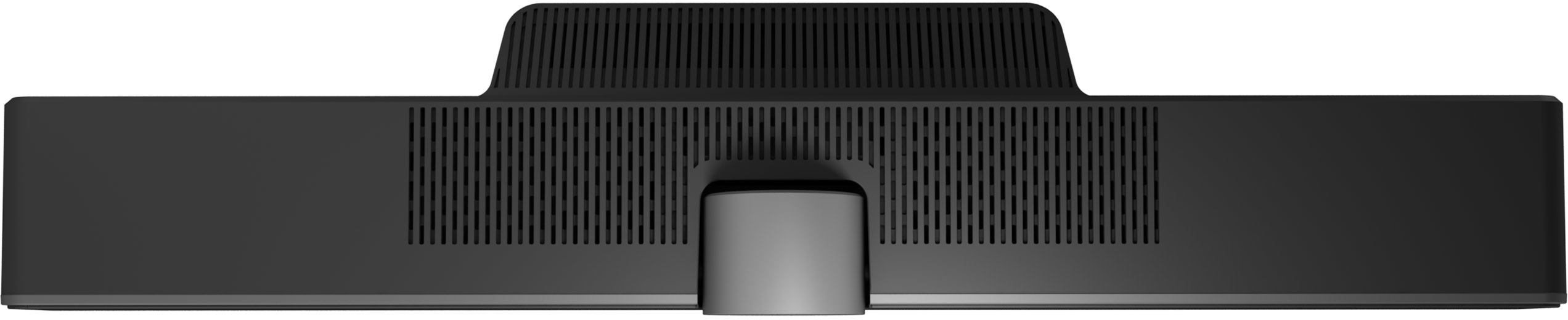Rückansicht eines schwarzen Computermonitors mit Lüftungsschlitzen und einer zentralen Halterung.