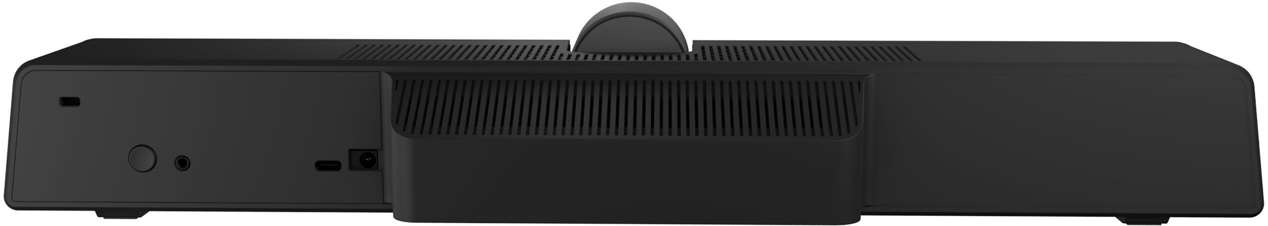 Schwarze Soundbar mit verschiedenen Anschlüssen, Knöpfen und Lüftungsschlitzen. Sie hat ein gebogenes Design.