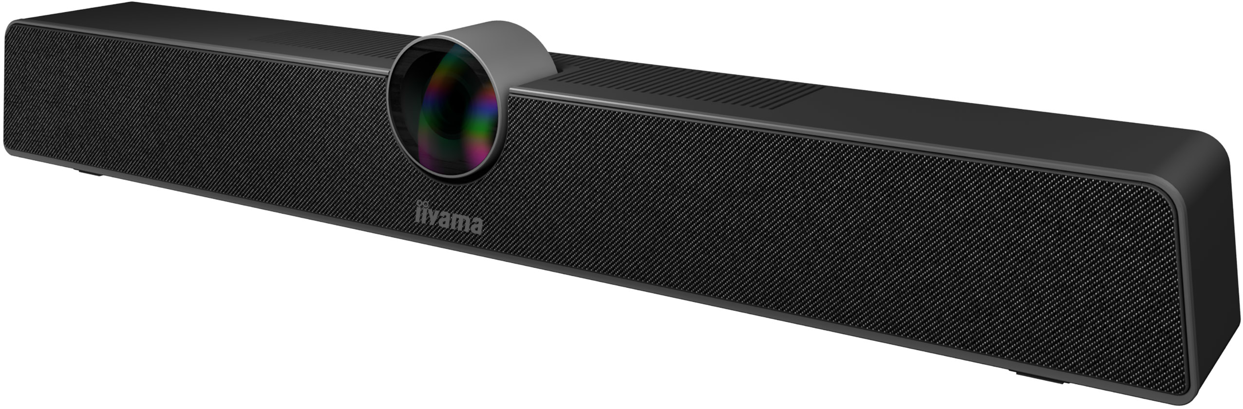 Eine schwarze Soundbar mit zentraler Kameralinse und dem 'Iivama' Logo.