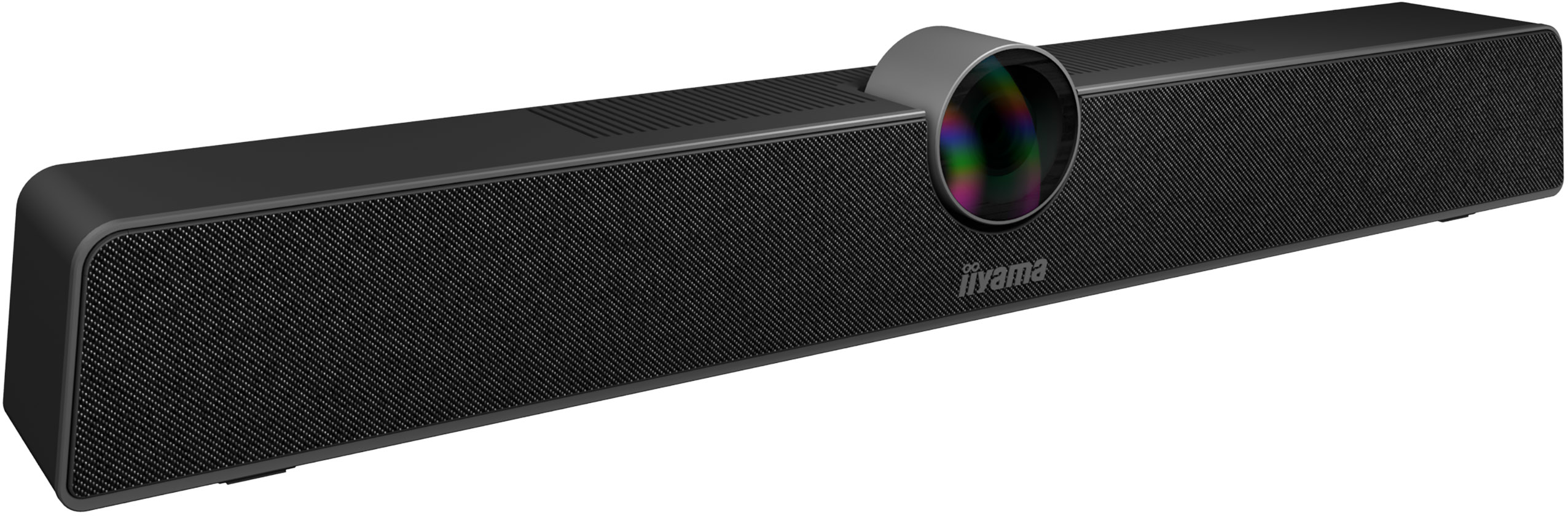 Eine schwarze Iiyama Videokonferenzleiste. Sie hat ein Kameraobjektiv und ein Mikrofonarray.