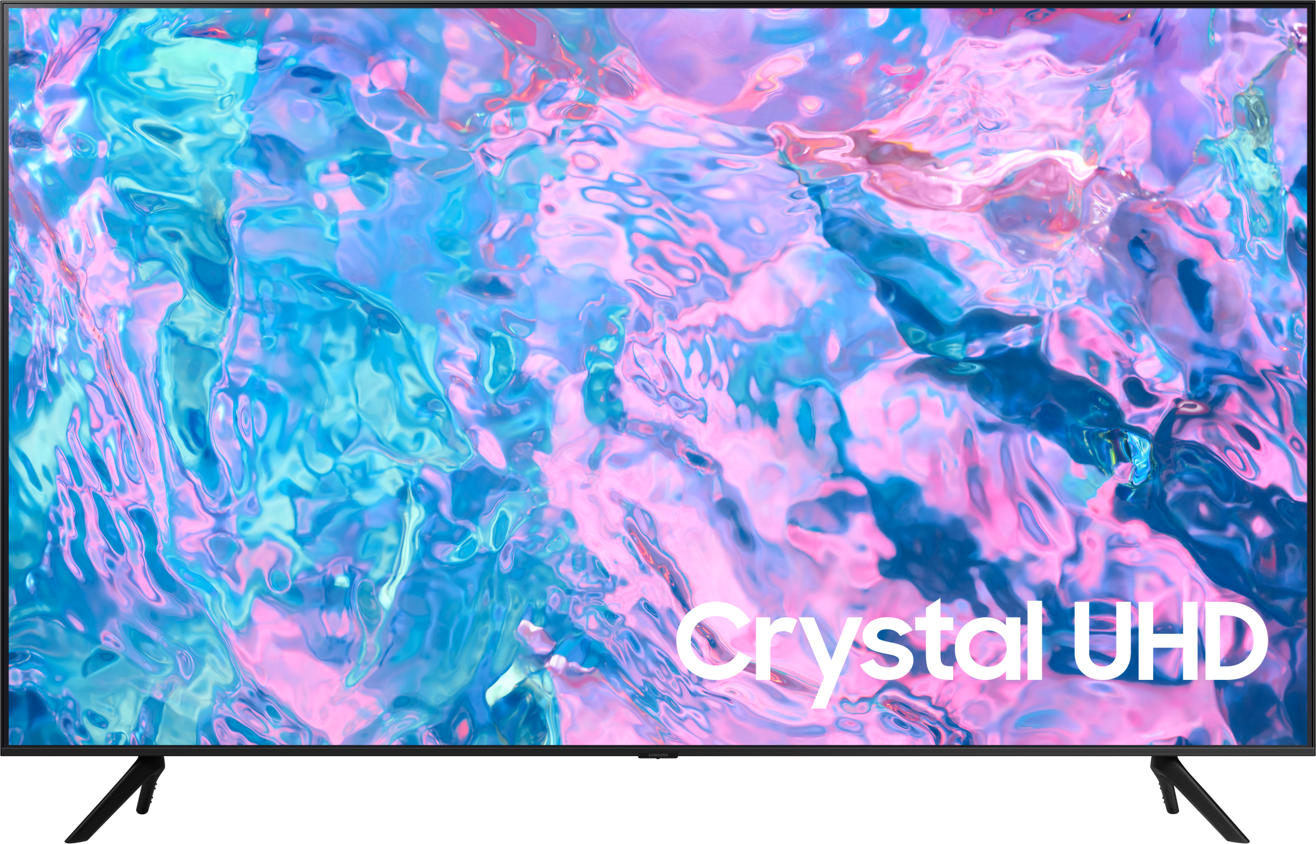 Egy fekete TV képernyő egy színes absztrakt képet jelenít meg. Az alján a "Crystal UHD" felirat látható.