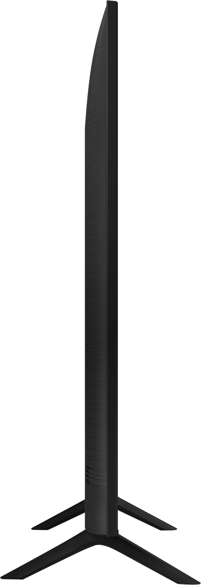 Egy karcsú fekete TV oldalsó nézete. Vékony kerettel és háromlábú állvánnyal rendelkezik.