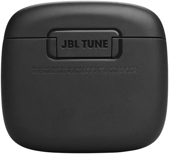 Fekete JBL Tune fülhallgató tok 'JBL TUNE' szöveggel. A háttér sima.