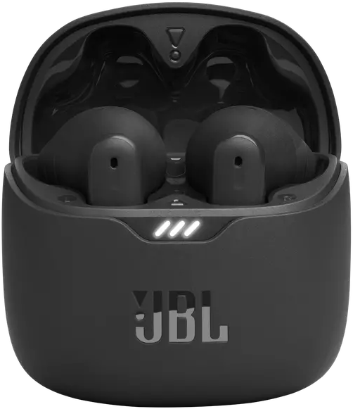 Fekete vezeték nélküli fülhallgatók egy fekete töltőtokban, a JBL logóval.