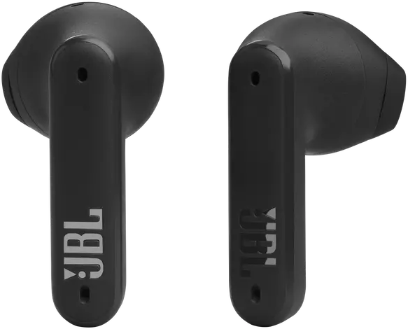 Fekete vezeték nélküli fülhallgatók, mindegyiken a JBL logóval. Fehér háttér.