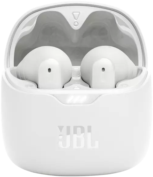 Fehér JBL fülhallgatók fehér töltőtokban, nyitva. JBL logó látható. Sötét háttér.