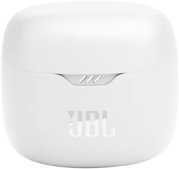 Fehér JBL fülhallgató tok 'JBL' logóval. A háttér sima.