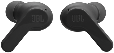 Fekete JBL fülhallgatók, közelkép fekete háttér előtt.