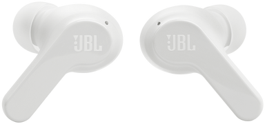 Két fehér JBL vezeték nélküli fülhallgató, a JBL logójával az oldalán.