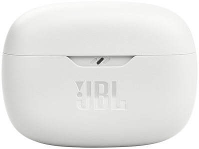 Fehér fülhallgató töltőtok, a JBL logóval a homlokzaton.