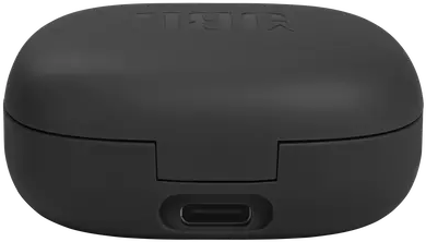 Fekete, ovális fülhallgatótok USB-C porttal az alján.