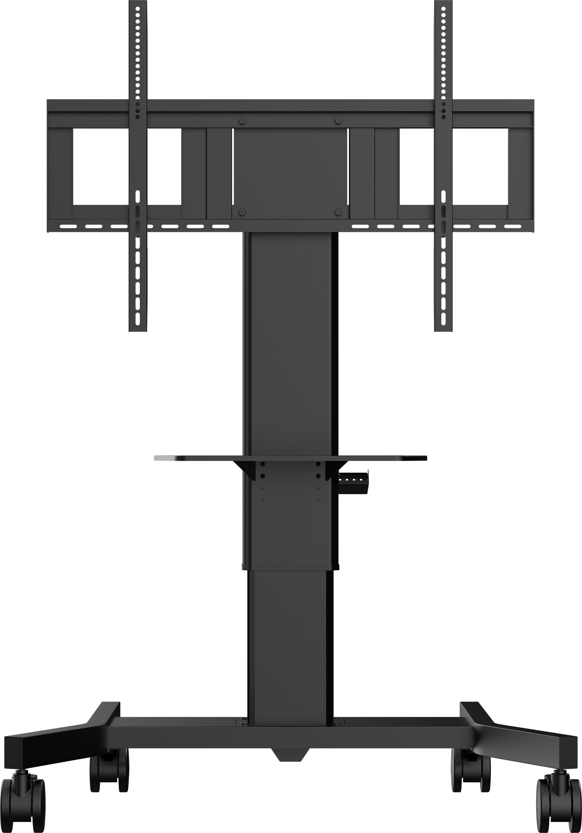 Schwarzer TV-Ständer auf Rädern.