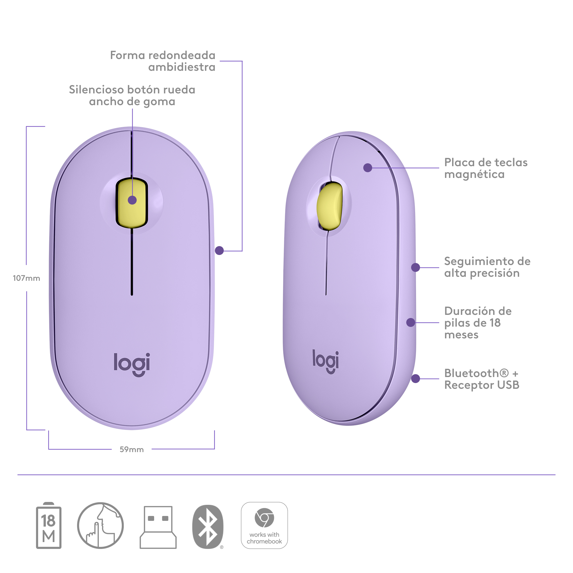 Ratón inalámbrico lila con rueda de desplazamiento amarilla, marca Logitech y dimensiones.