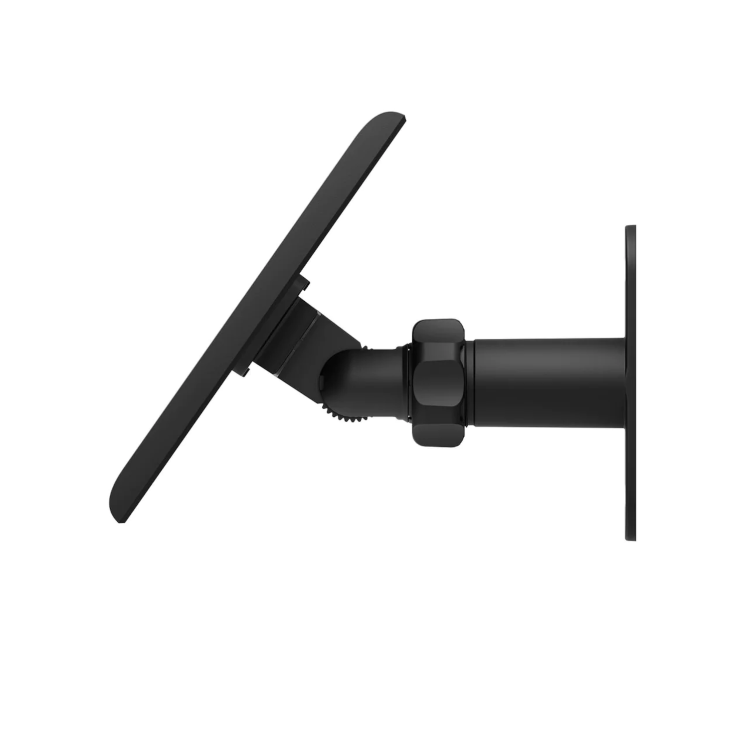 A black solar panel with an adjustable mounting bracket.