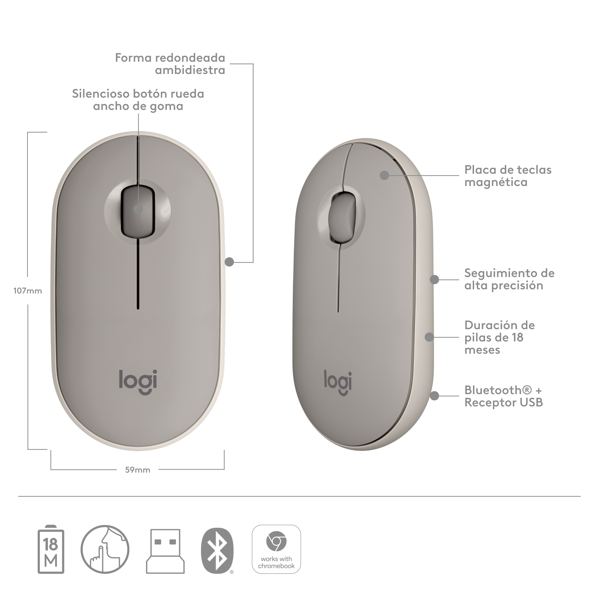 Un ratón Logitech gris claro con dimensiones y descripciones en español.