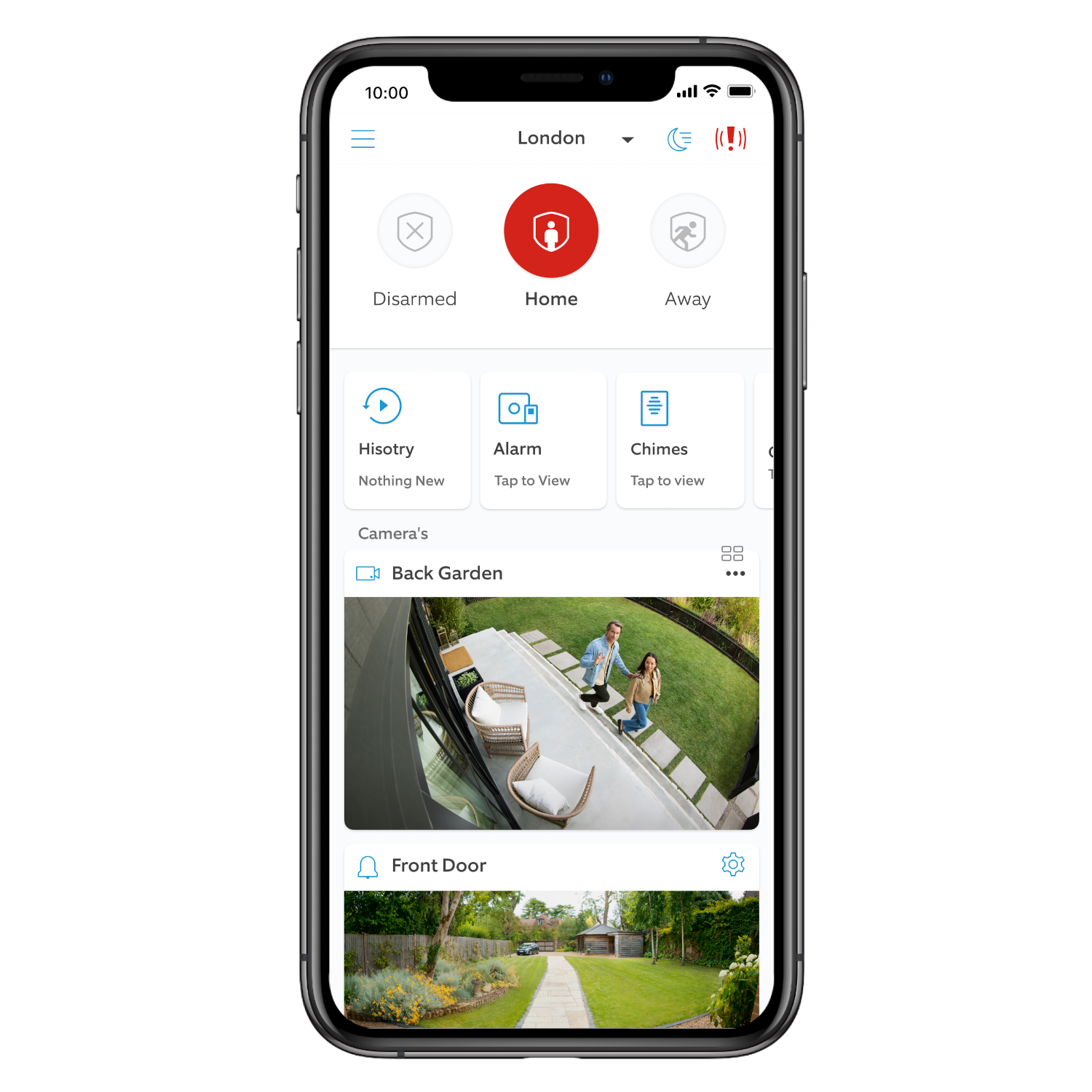 Un smartphone affichant une application de sécurité avec vidéo en direct.