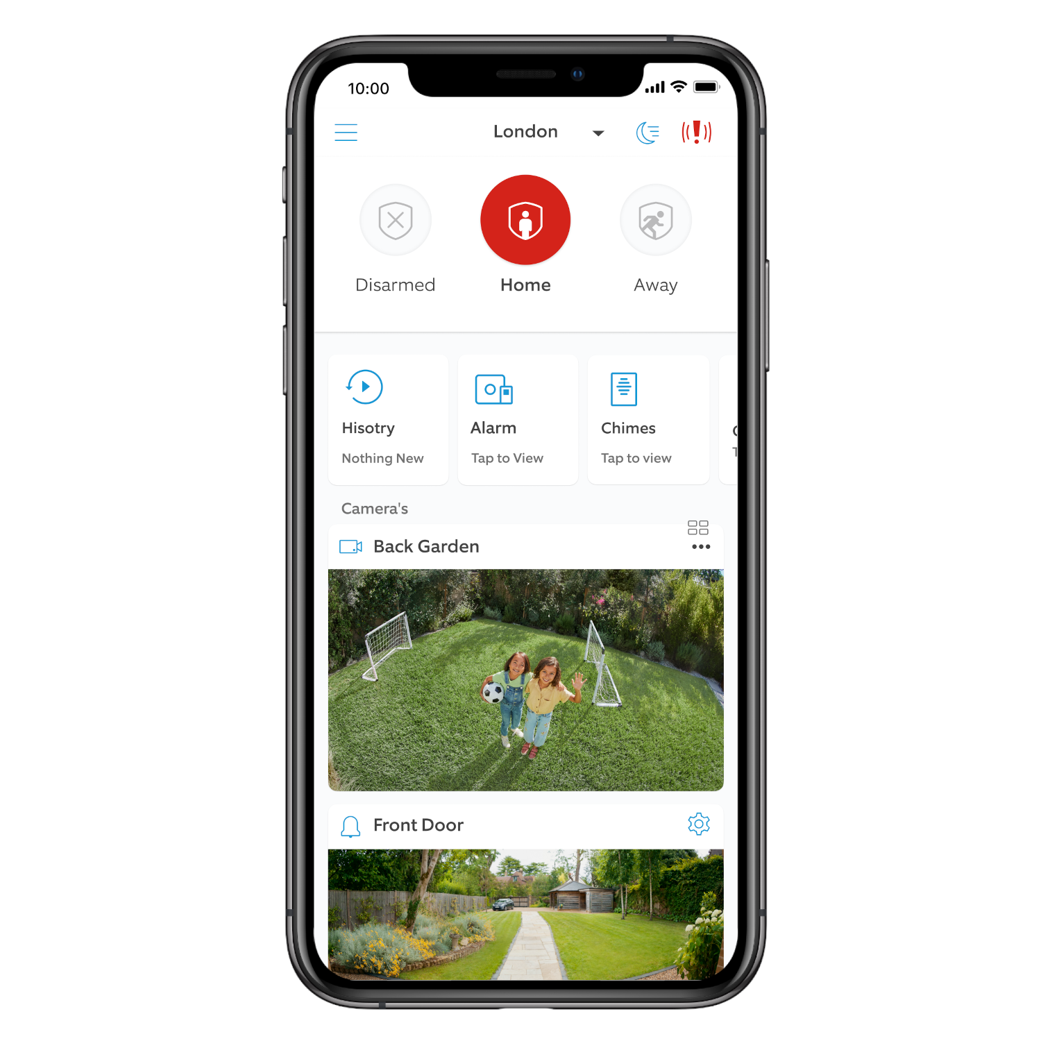 Écran de smartphone avec une interface d'application de sécurité montrant les vues de la maison et du jardin.