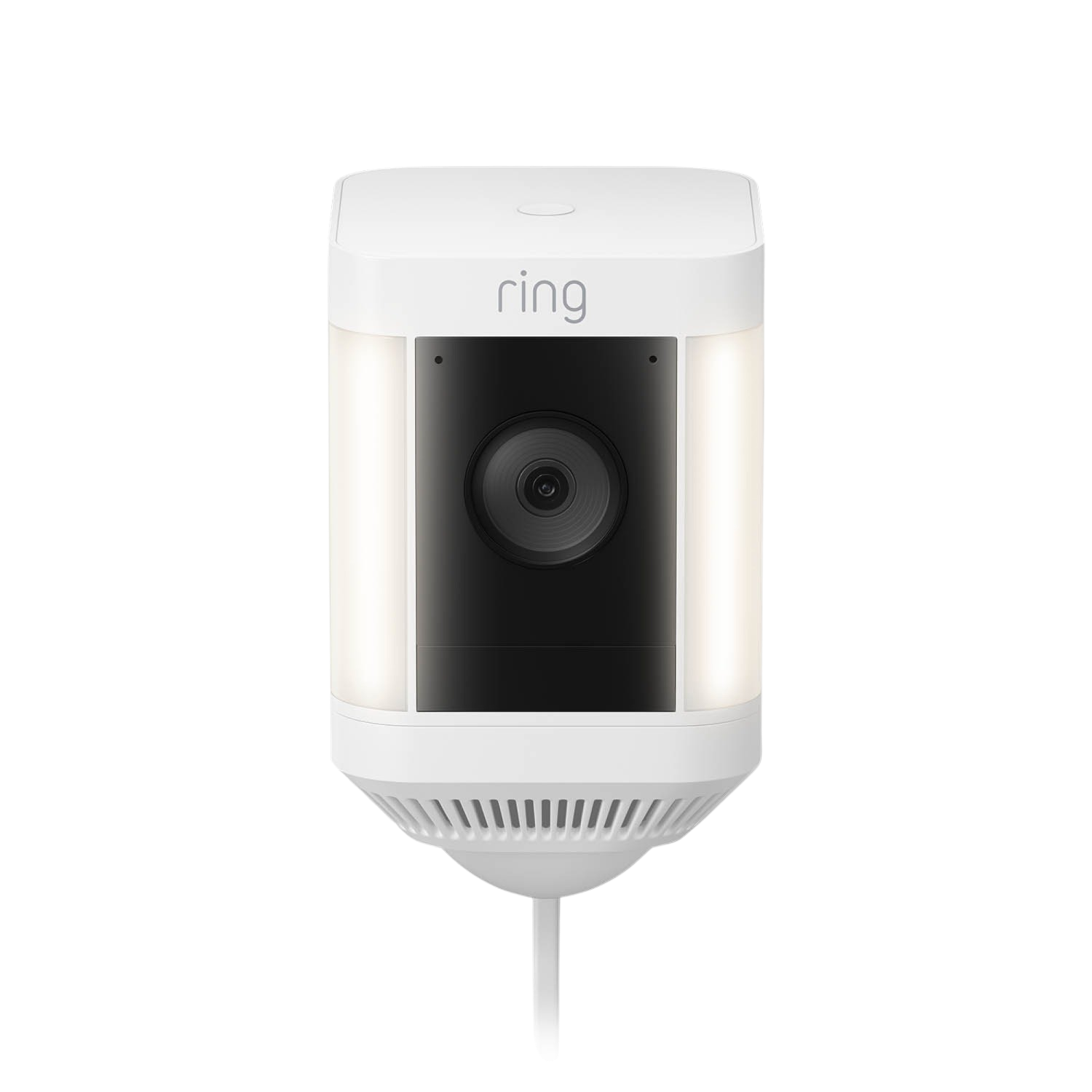 Caméra de sécurité Ring blanche avec lumières et objectif noir, sur fond noir.