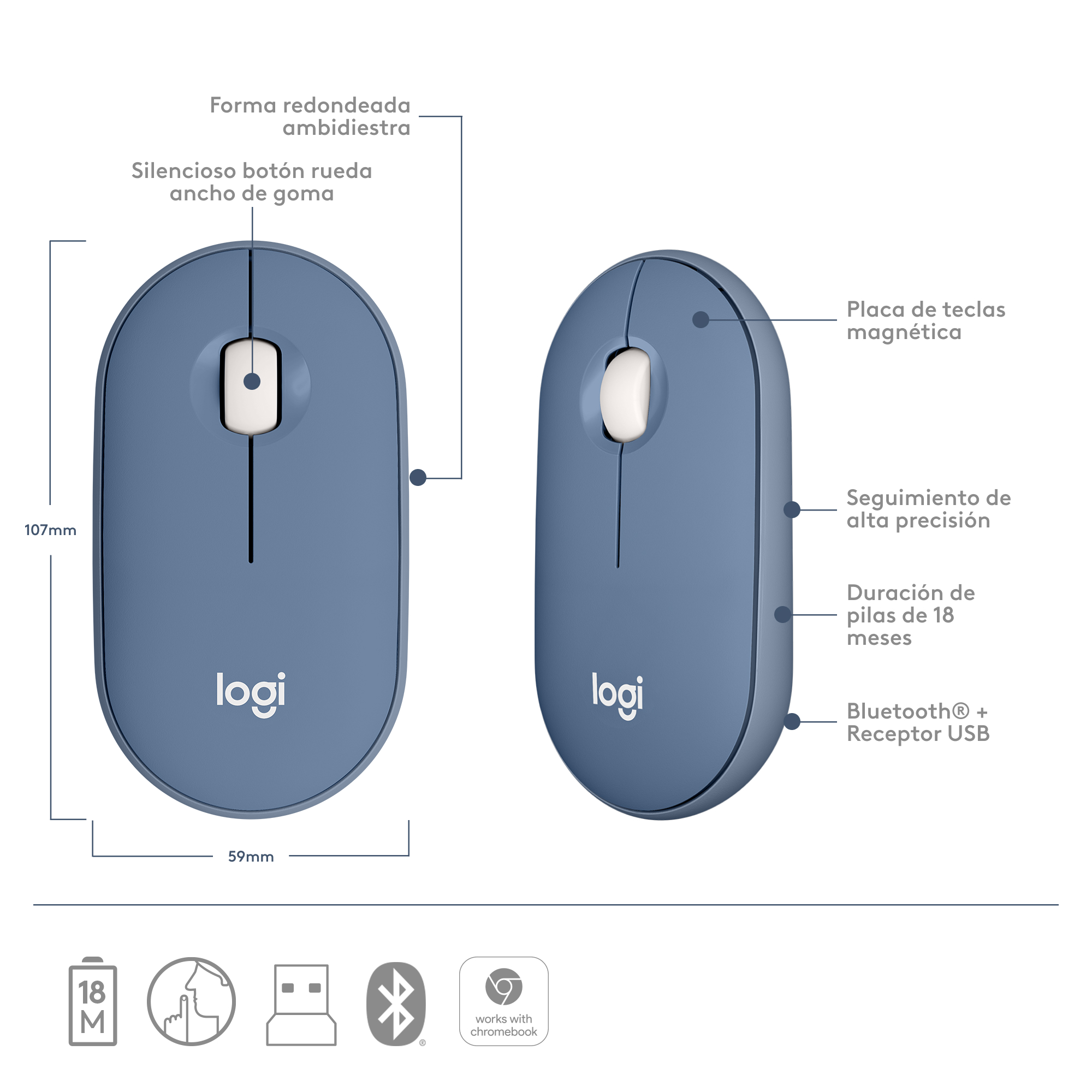 Ratón Logitech azul. Muestra vistas laterales y superiores.