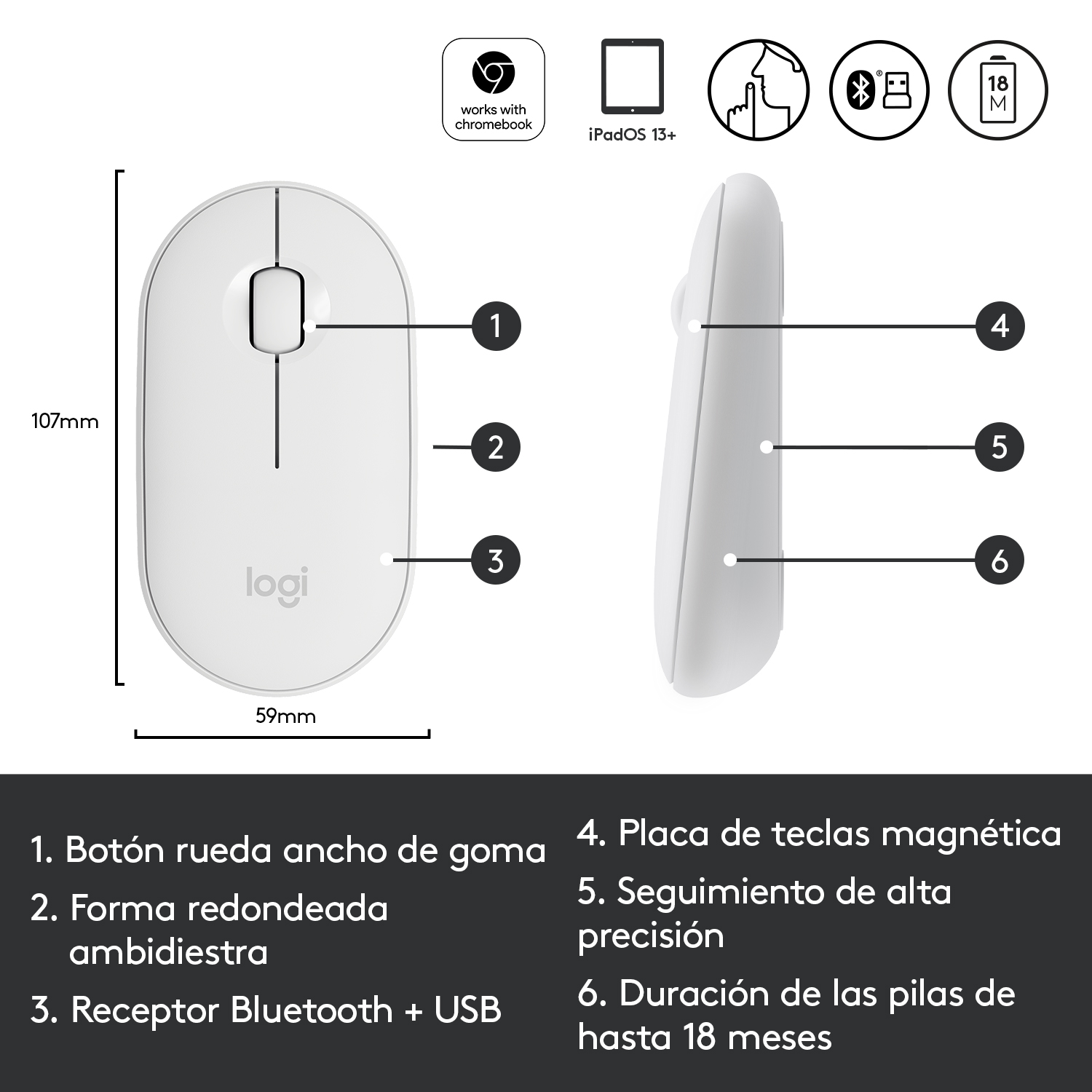 Un ratón inalámbrico blanco con rueda de desplazamiento y Bluetooth.
