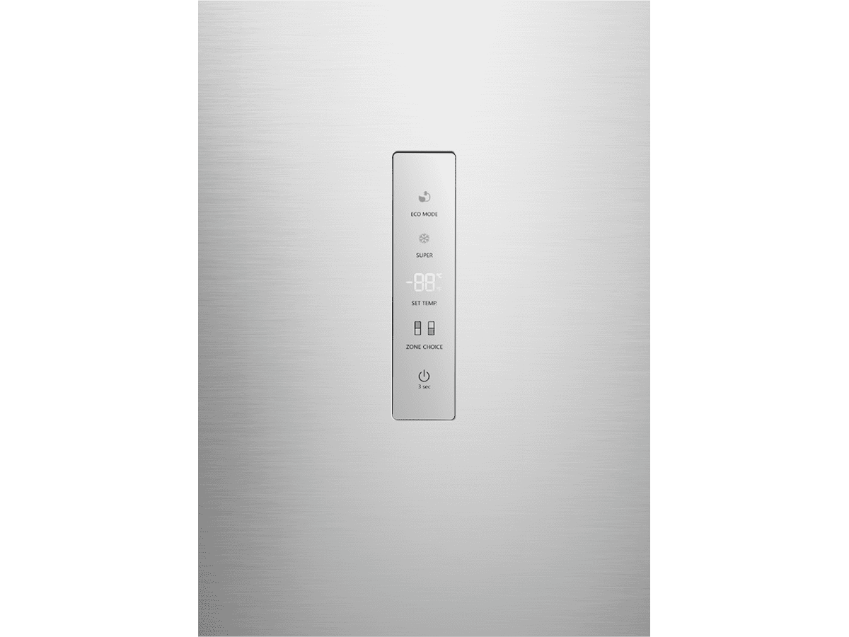 Puerta de refrigerador con panel de control mostrando ECO, temperatura y opciones de zona.